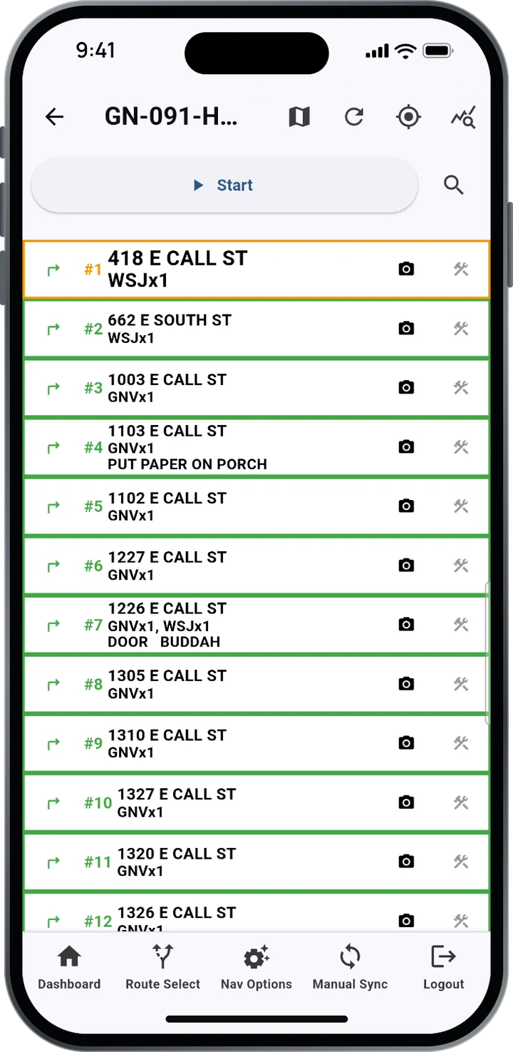 List Mode: the route’s stops in order, #1 418 E Call St, #2 662 E South St, #3 1003 E Call St, each with a camera and tools button.