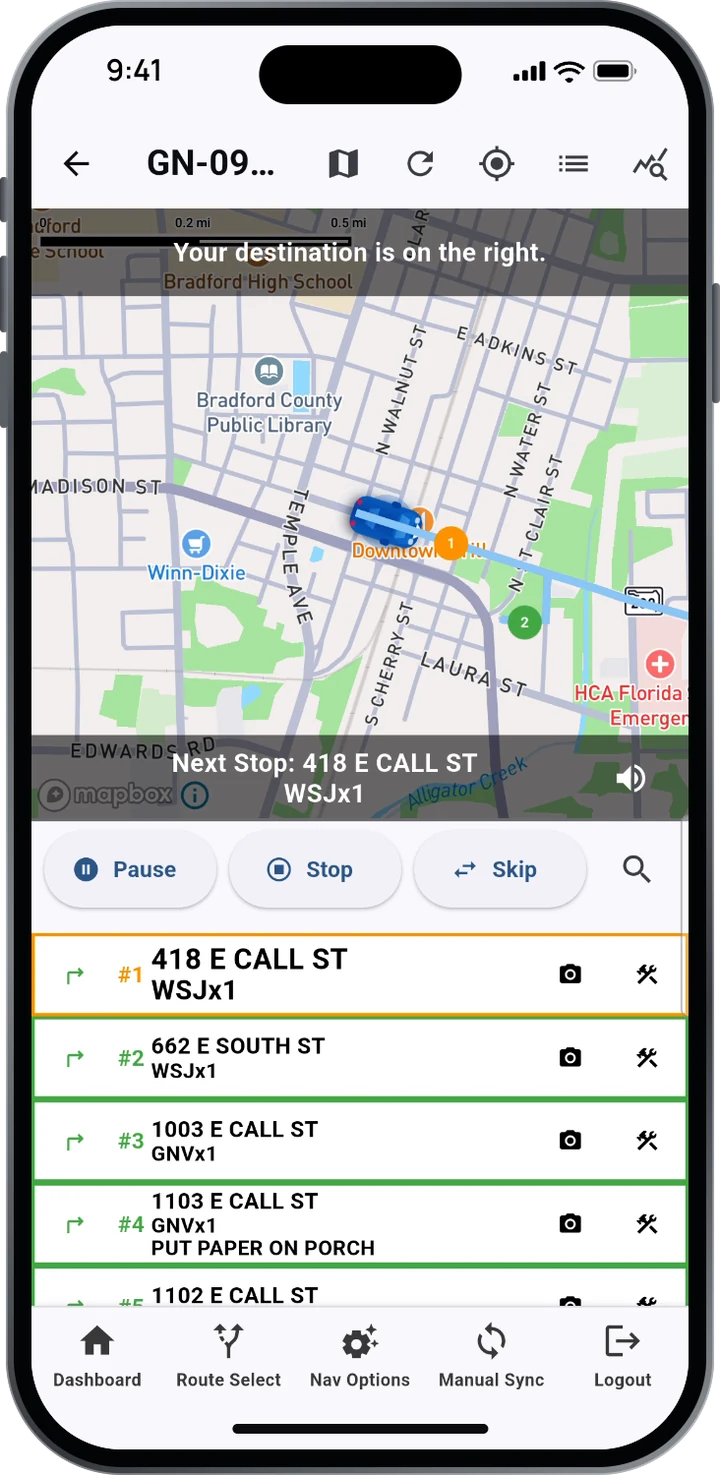 Navigation screen showing the map, the next stop at 418 E Call St, Pause, Stop and Skip buttons, and the stop list with delivery notes.